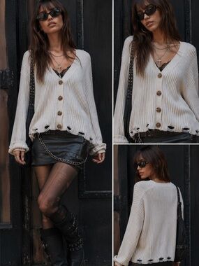 Cbrand Ivory Button-Up L Cardigan Cotton Blend Distressed Western Indie Sleaze